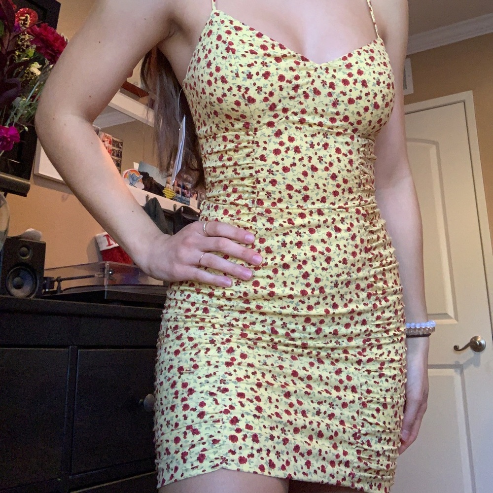 Yellow with red roses body con dress!!